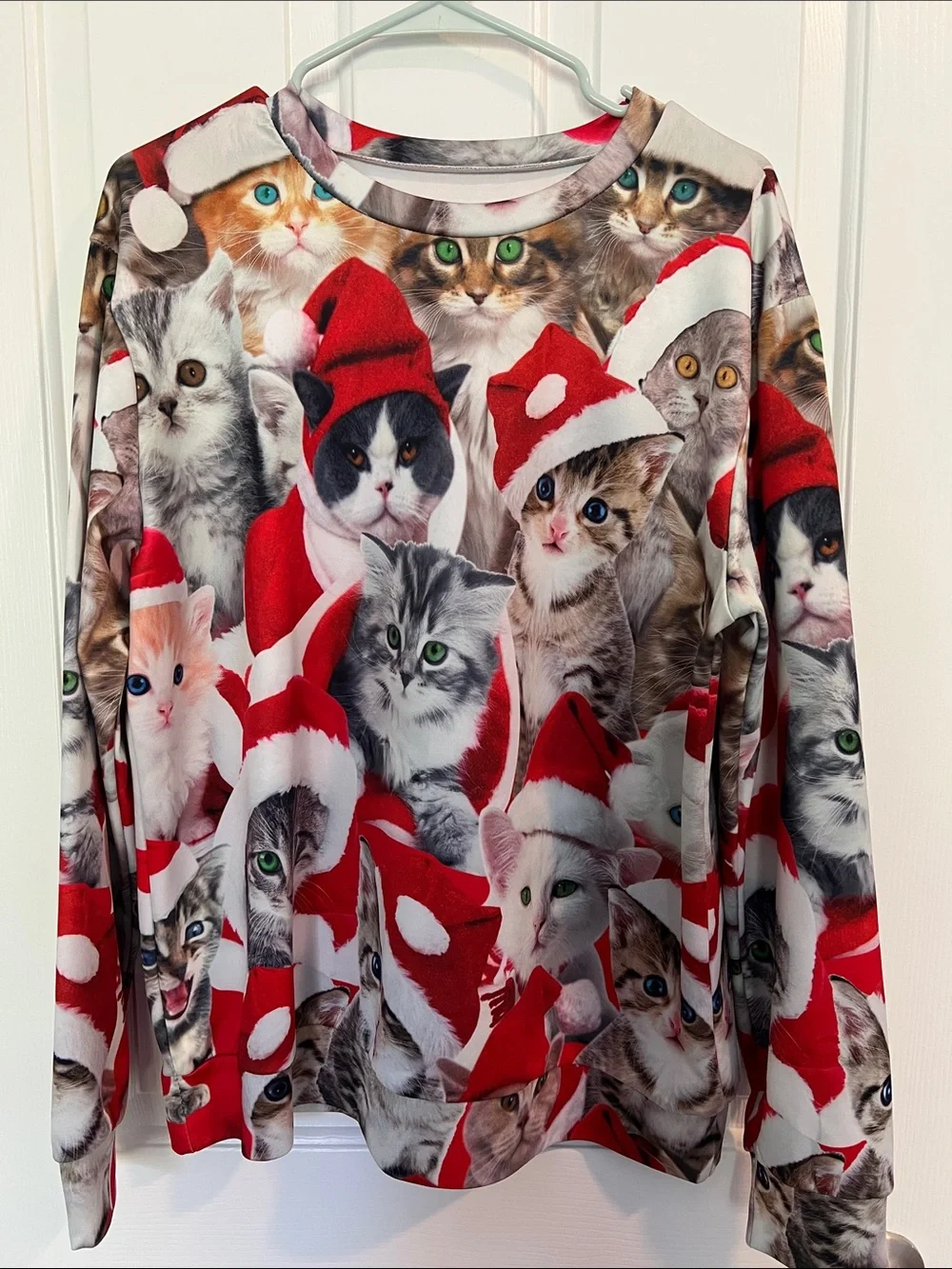 Festive Red Cat Print Long-Sleeve Pet Lover Sweatshirt